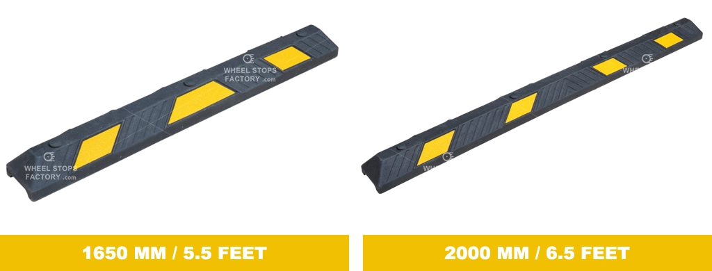 Two black car stops made of Plastic-Rubber composite with yellow reflective films, one is 1650 mm / 5.5 feet, the other is 2000 mm / 6.5 feet.