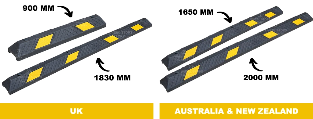 A 900mm and 1830mm wheel stops mainly used at the UK, a 1650mm and 2000mm wheel stops mainly used at Australia and New Zealand.