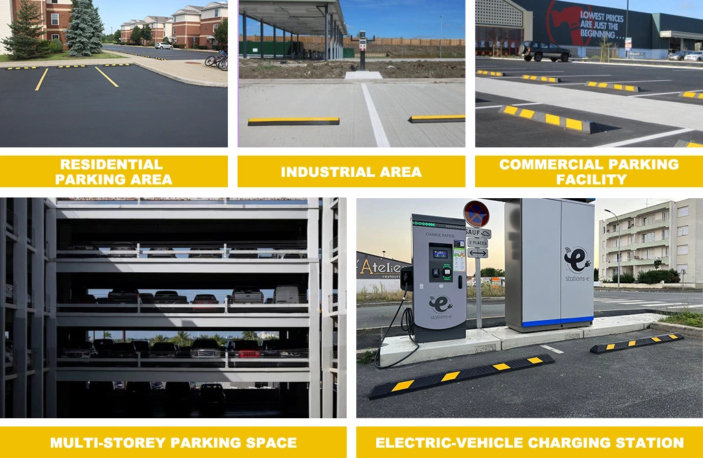 Black and yellow car wheel stops in residential parking area, industrial area, commercial parking facility, EV charger station, and there's a multi-storey parking space.