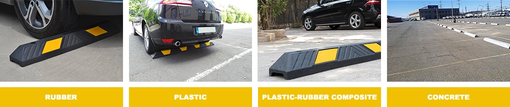 A black and yellow rubber parking curb stop, a plastic wheel stop, a Plastic-Rubber composite parking block, and concrete wheel stops.