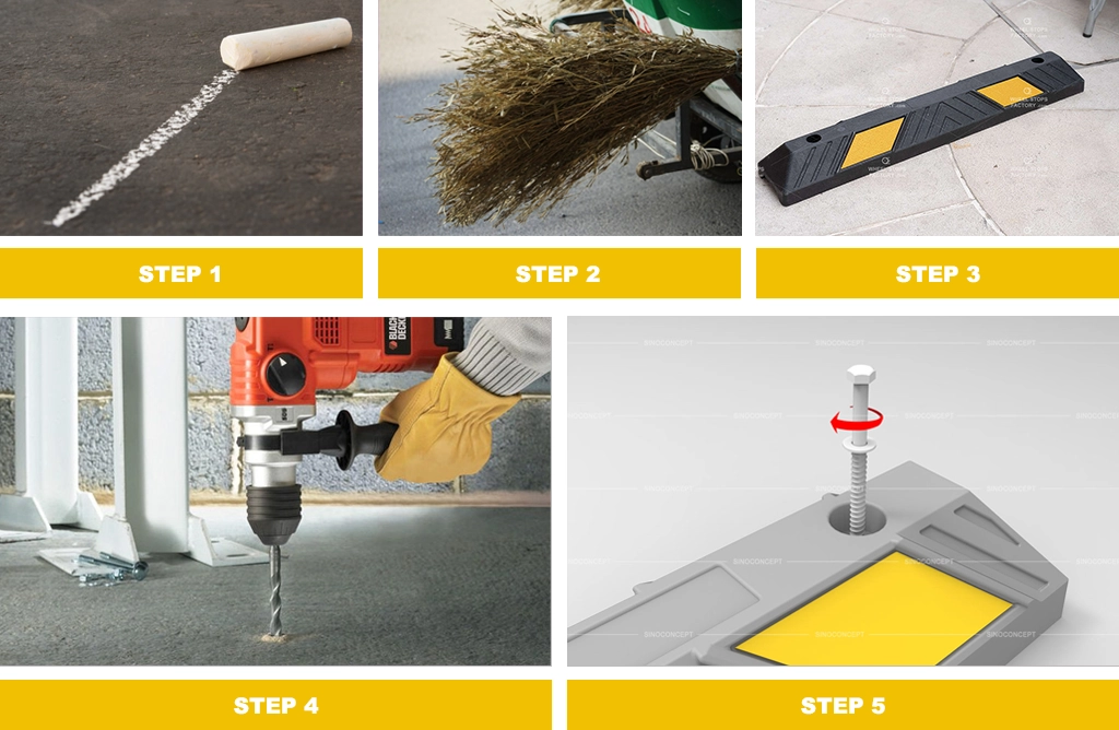 A white chalk, a hand broom, a broom, a black wheel stop with yellow reflective films, a drilling machine, and a 3D drawing of a wheel stop with lag bolts.