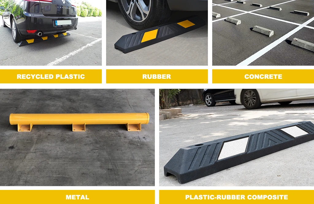 A black and yellow plastic wheel stop, a rubber parking wheel stop, concrete wheel stops, a yellow metal parking block, and a black and white Plastic-Rubber composite car stop.