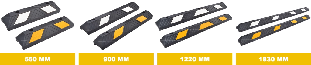 There are four dimensions of wheel stops: 550mm (2 feet), 900mm (3 feet), 1220mm (4 feet), and 1830mm (6 feet). Each size comes in two variants, both black in color, with one featuring white reflective films and the other featuring yellow reflective films.