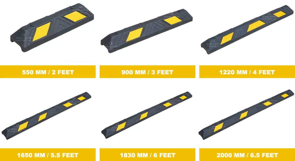 There are six dimensions of wheel stops: 550mm (2 feet), 900mm (3 feet), 1220mm (4 feet), 1650mm (5.5 feet), 1830mm (6 feet), and 2000mm (6.5 feet), all manufactured by the Wheel Stops Factory.